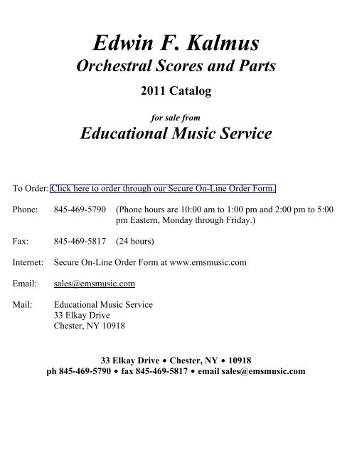 Edwin F Kalmus Orchestral Scores And Parts 2011 Catalog Ems