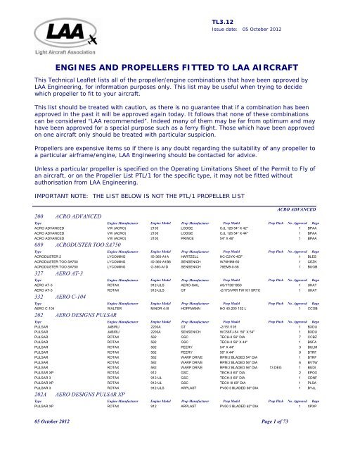 engines and propellers fitted to laa aircraft - the Light Aircraft ...