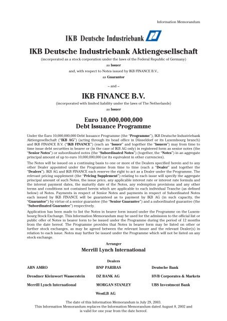 IKB Deutsche Industriebank Aktiengesellschaft IKB FINANCE B.V.