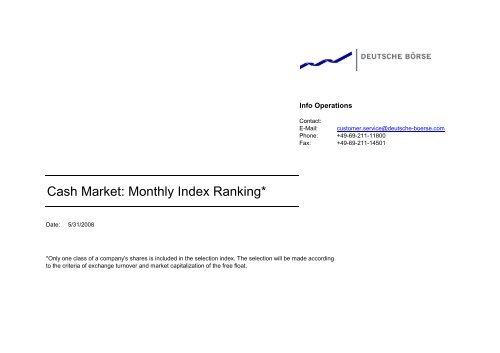 Cash Market: Monthly Index Ranking* - Deutsche ...