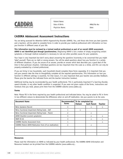 CADDRA ADHD ASSESSMENT TOOLkIT (CAAT) FORMS