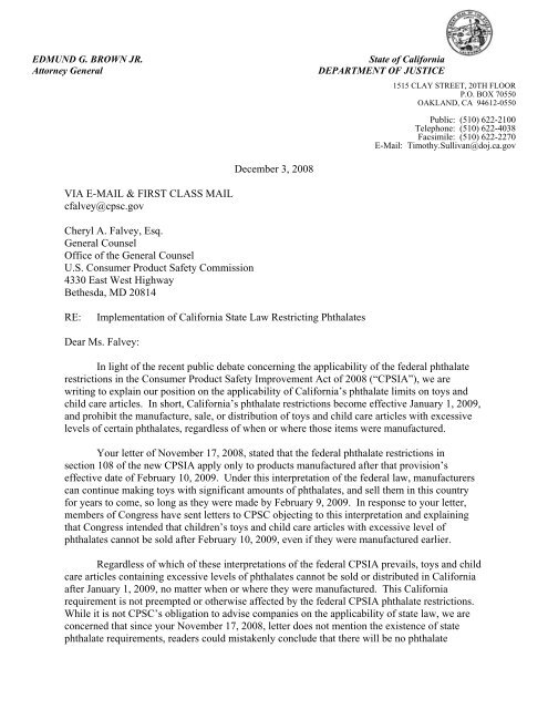 AG Letter re - Attorney General - State of California