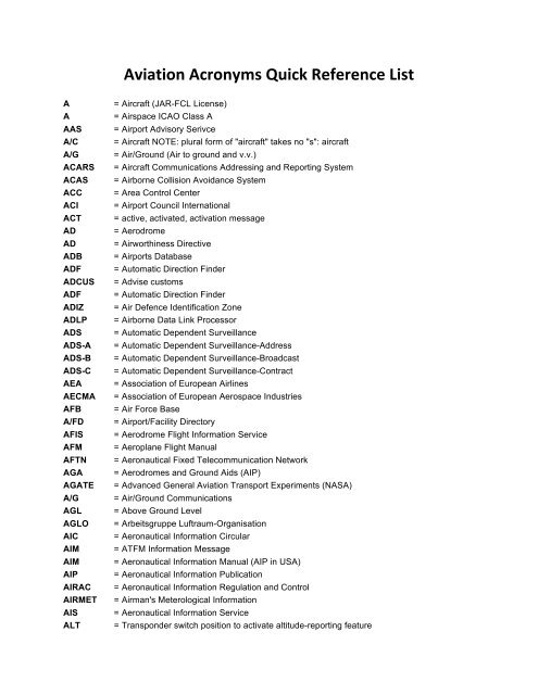 Aviation Acronyms Quick Reference List - Spinks Flight Center