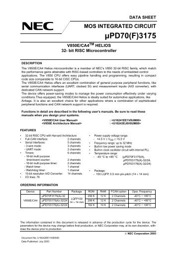 V850E/CA4 HELIOS 32- bit RISC Microcontroller uPD70(F)3175 ...