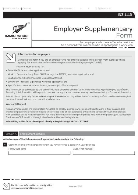 Employer Supplementary Form (INZ 1113) PDF - Immigration New ...