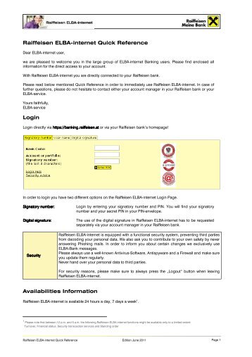 Raiffeisen ELBA-internet-Quick Reference