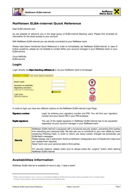 Raiffeisen ELBA-internet-Quick Reference