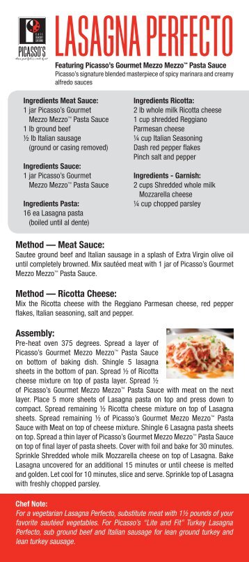 Method — Meat Sauce: Method — Ricotta Cheese ... - Picasso's