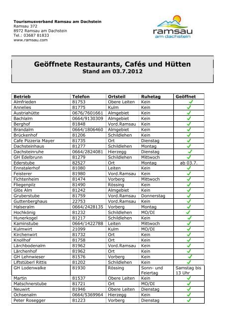 Geöffnete Restaurants, Cafés und Hütten - Ramsau am Dachstein