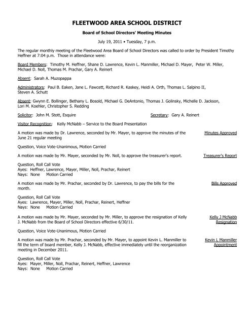 July 19, 2011 - the Fleetwood Area School District