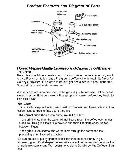 operating instructions for by mr. coffee steam espresso - FoodSaver