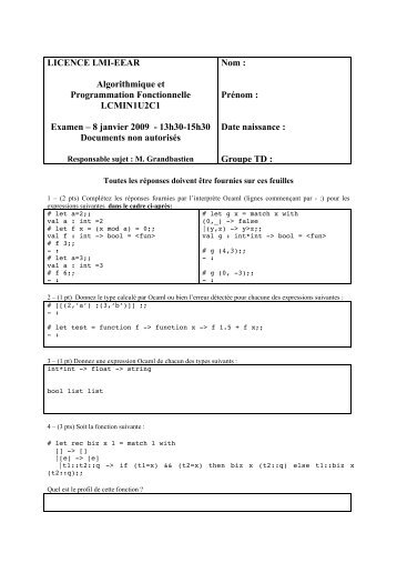 LICENCE LMI-EEAR Algorithmique et Programmation Fonctionnelle ...