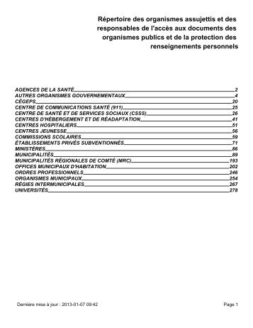 Répertoire des organismes assujettis et des responsables de l ...