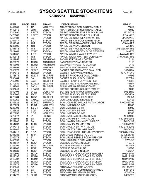 Sysco seattle stock items