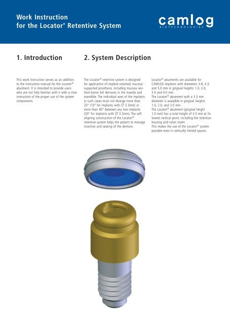 Work Instruction for the Locator® Retentive System - Camlog