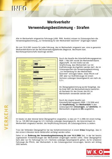 Werkverkehr Verwendungsbestimmung - Strafen