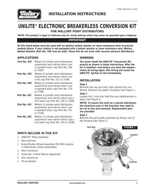 Mallory 560 Ignition Conversion Kit Installation Instructions - Jegs