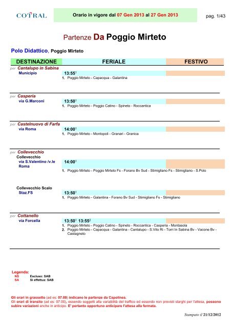 Partenze Da Poggio Mirteto - Cotral SpA