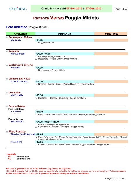 Partenze Da Poggio Mirteto - Cotral SpA