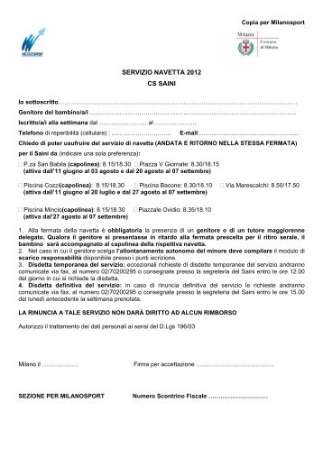 Regolamento navetta * CS Saini - Milano Sport S.p.A.