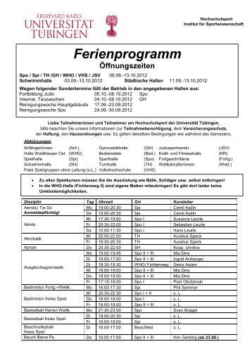 Ferienprogramm Öffnungszeiten - Hochschulsport - Universität ...