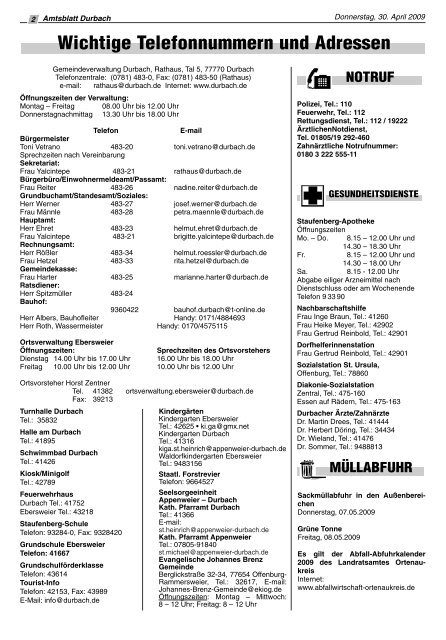 Tourist-Information/Verkehrsverein Durbach in der Zeit vom 01. Mai ...