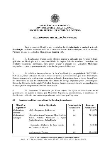 RELATÓRIO DE FISCALIZAÇÃO Nº 049 MUNICÍPIO DE IPAUSSU