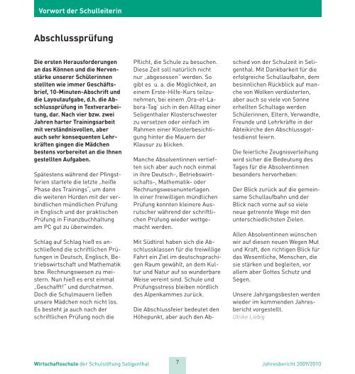Jahresbericht 2009/2010 - irtschaftsschule Seligenthal