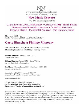 Carte Blanche à Phillipe Manoury - New Music Concerts