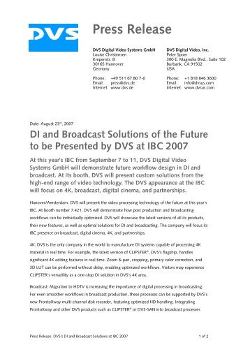 DI and Broadcast Solutions of the Future to be Presented by  DVS at ...