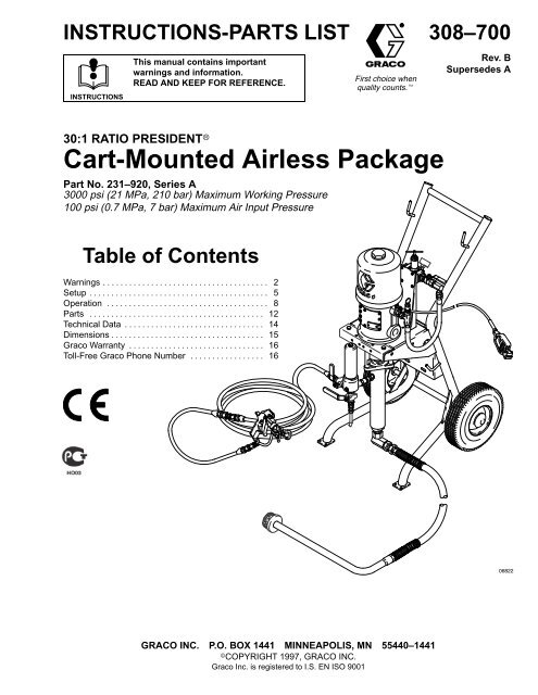 308700B 30:1 Ratio President Cart-Mounted Airless Pkg. - Graco Inc.