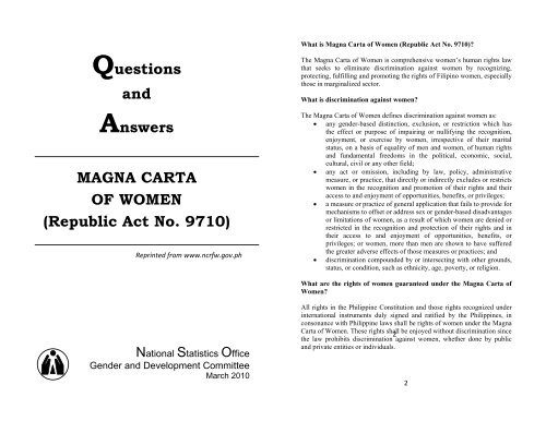 Questions and Answers MAGNA CARTA OF WOMEN (Republic Act ...