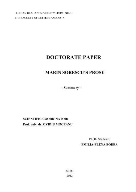Doctorate Paper Marin Sorescu S Prose Summary Ulbs