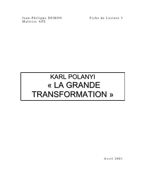 Fiche de lecture La grande transformation Karl Polanyi