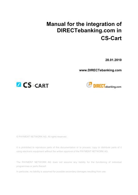 Manual for the integration of DIRECTebanking.com in CS-Cart