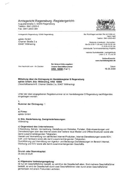Auszug Handelsregister aplido GmbH - dw2000.de