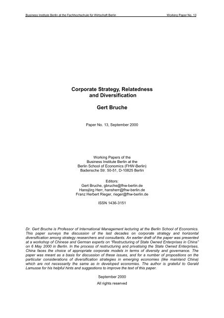 Corporate Strategy, Relatedness and Diversification Gert Bruche