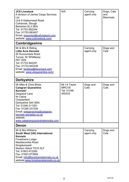 Defra authorised quarantine premises and carrying agents list