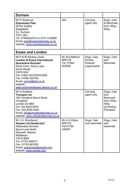 Defra authorised quarantine premises and carrying agents list