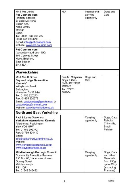 Defra authorised quarantine premises and carrying agents list