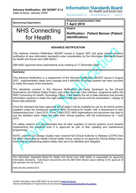 Patient Banner Information Standards Board For Health And Social