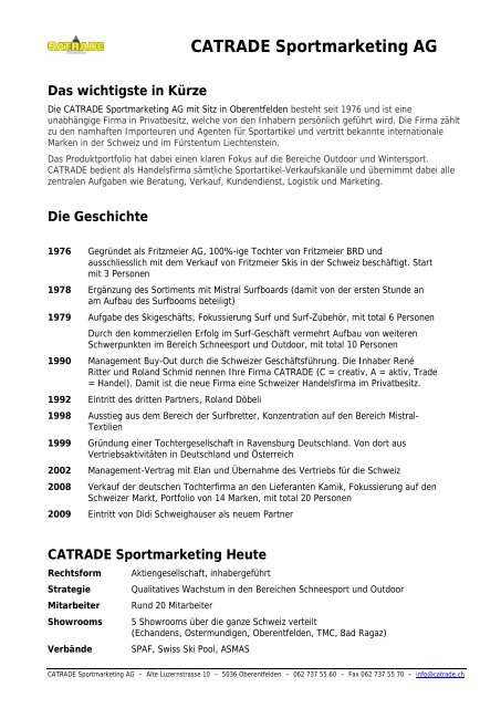 CATRADE Sportmarketing AG Das wichtigste in Kürze - Skionline.ch