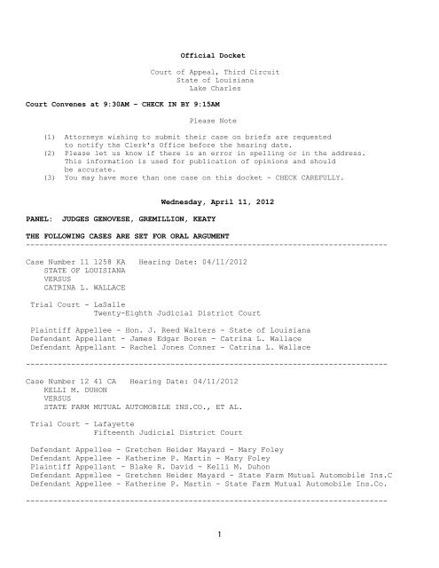 Official Docket Louisiana Third Circuit Court of Appeal