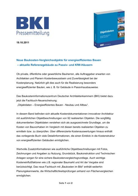 BKI Kostenplanung E4: Objektdaten Energieeffizientes Bauen ...