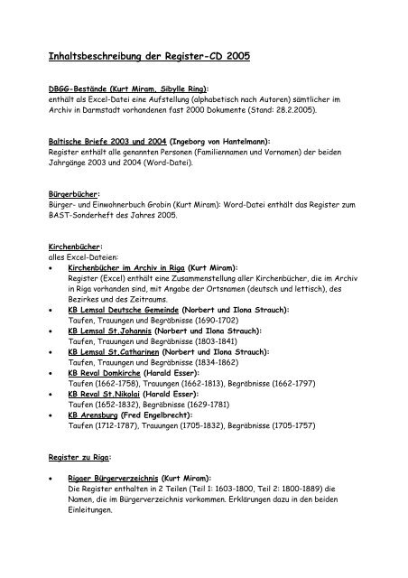Inhaltsbeschreibung der Register-CD 2005 - DBGG