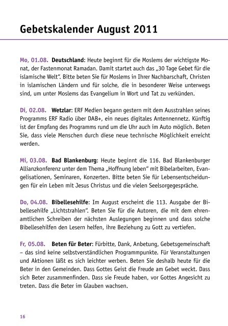 Gebetskalender September 2011 - Deutsche Evangelische Allianz