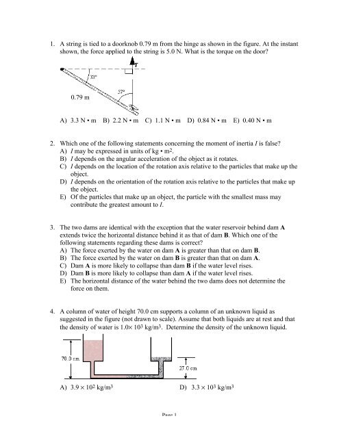 1. A string is tied to a doorknob 0.79 m from the hinge as shown in ...