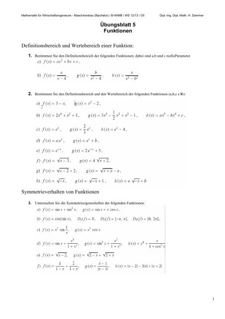 Übungsblatt 5 Funktionen Definitionsbereich und Wertebereich ...