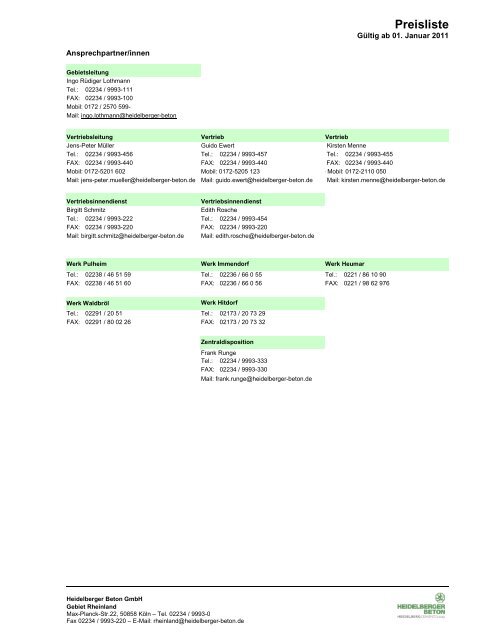 Preisliste 2011 HD-Beton Rheinland - HeidelbergCement