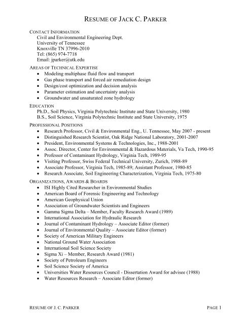 RESUME OF JACK C. PARKER - College of Engineering